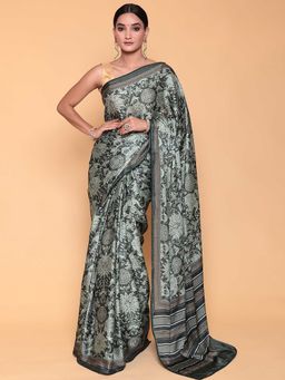 Zari Jaipur - Dark Green Color Crepe Silk Fabric Saree with Unstitched Blouse