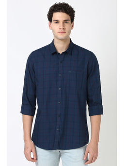 Peter England - Men Navy Blue Slim Fit Checks Shirt