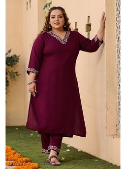 Desi Noor - Plus Size Wine Embroidered Rayon Kurta (Set of 2)