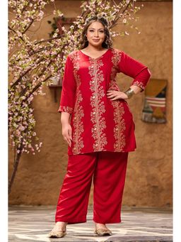 Desi Noor - Plus Size Red Gold Panel Printed Co-Ord (Set of 2)