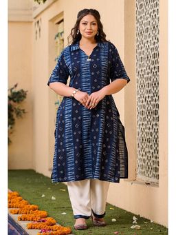 Desi Noor - Plus Size Blue Printed Rayon Kurta (Set of 2)