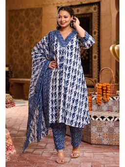 Desi Noor - Plus Size Indigo Blue Jaipuri Cotton Kurta With Printed Dupatta (Set of 3)