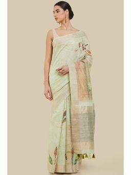 Soch - Women Green Linen Printed Saree with Unstitched Blouse