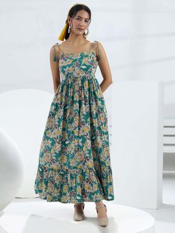 Libas - Teal Floral Flared Sleeveless Maxi Dress