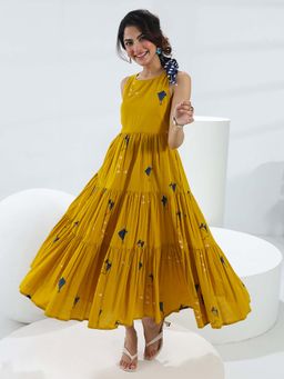 Libas - Mustard Printed Flared Sleeveless Midi Dress
