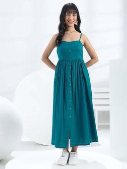 Libas - Blue Solid/Plain Flared Sleeveless Maxi Dress