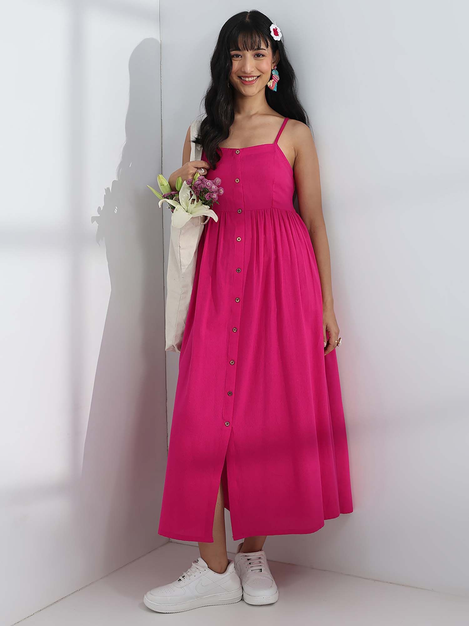 libas Pink Solid/Plain Flared Sleeveless Maxi Dress-picture-11