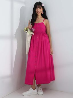 Libas - Pink Solid/Plain Flared Sleeveless Maxi Dress