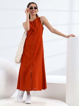 Libas - Rust Solid/Plain A-Line Sleeveless Midi Dress