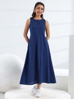 Libas - Navy Blue Solid/Plain A-Line Sleeveless Midi Dress