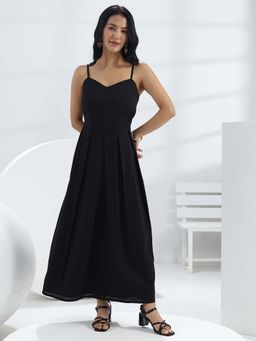 Libas - Black Solid/Plain Flared Sleeveless Maxi Dress