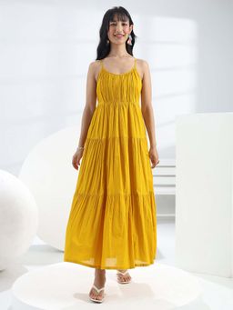 Libas - Yellow Solid/Plain Flared Sleeveless Maxi Dress