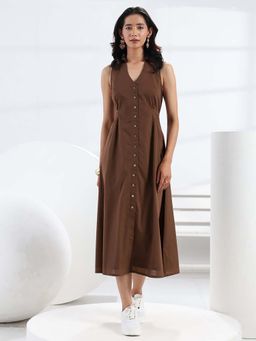 Libas - Brown Solid/Plain A-Line Sleeveless Midi Dress