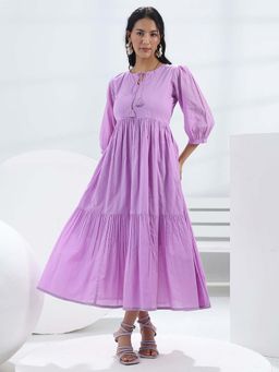 Libas - Lavender Solid/Plain Flared Half Sleeves Maxi Dress