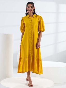Libas - Yellow Solid/Plain A-Line Half Sleeves Midi Dress