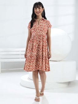 Libas - Rust Printed Flared Cape Knee Length Dress