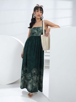 Libas - Green Floral Flared Sleeveless Midi Dress