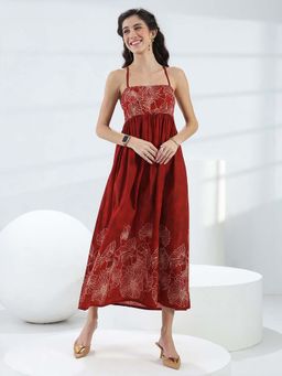 Libas - Rust Floral Flared Sleeveless Midi Dress