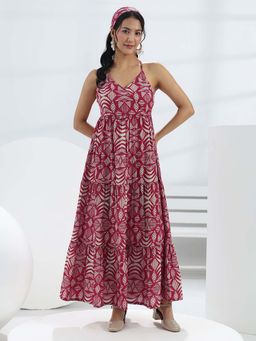 Libas - Pink Printed Flared Sleeveless Maxi Dress