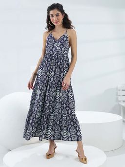 Libas - Blue Printed Flared Sleeveless Maxi Dress