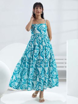 Libas - Blue Printed Flared Sleeveless Maxi Dress