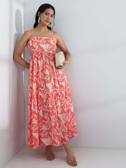 Libas - Peach Printed Flared Sleeveless Maxi Dress
