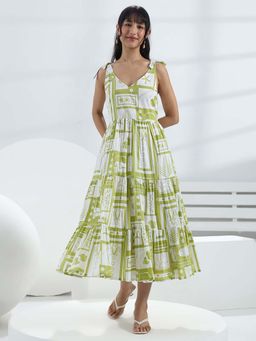 Libas - Green Printed Flared Sleeveless Midi Dress