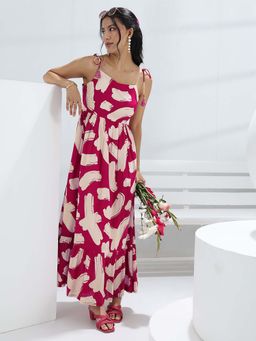 Libas - Pink Printed Flared Sleeveless Maxi Dress