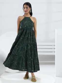 Libas - Green Printed Flared Sleeveless Maxi Dress