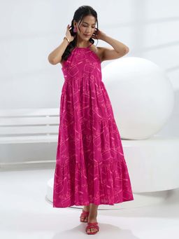 Libas - Pink Printed Flared Sleeveless Maxi Dress