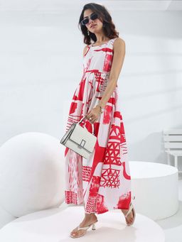 Libas - Red Printed Flared Sleeveless Maxi Dress
