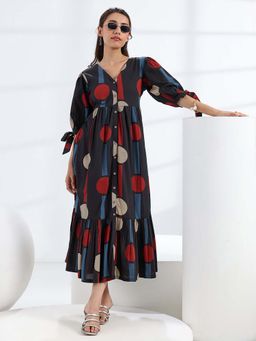 Libas - Black Printed Flared Half Sleeves Midi Dress