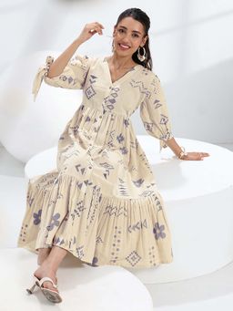Libas - Off White Printed Flared Half Sleeves Maxi Dress