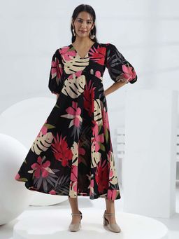 Libas - Black Floral Flared Half Sleeves Maxi Dress