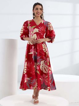 Libas - Red Printed Flared Half Sleeves Maxi Dress