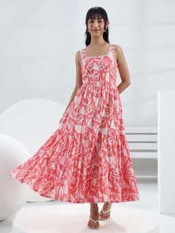 Libas - Peach Printed Flared Sleeveless Maxi Dress