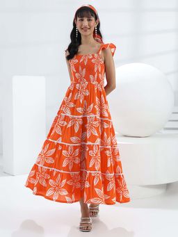 Libas - Orange Floral Flared Ruffled Sleeves Maxi Dress