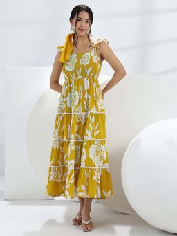 Libas - Yellow Floral Flared Ruffled Sleeves Maxi Dress