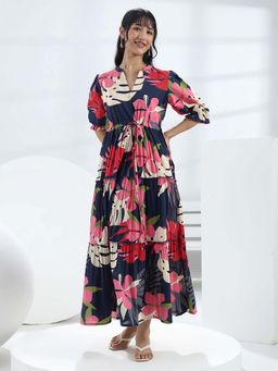 Libas - Navy Blue Floral Flared Half Sleeves Maxi Dress