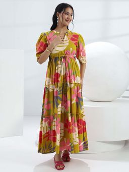 Libas - Yellow Floral Flared Half Sleeves Maxi Dress