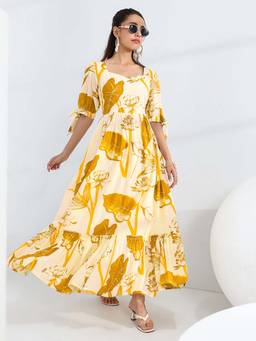 Libas - Yellow Printed Flared Half Sleeves Maxi Dress