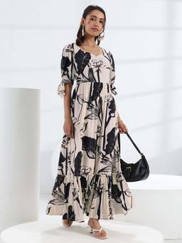 Libas - Off White Printed Flared Half Sleeves Maxi Dress