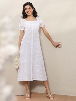 Libas - White Embroidered Flared Half Sleeves Midi Dress