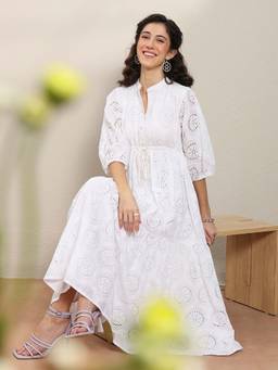 Libas - White Embroidered Flared Half Sleeves Midi Dress