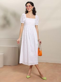 Libas - White Embroidered Flared Half Sleeves Midi Dress