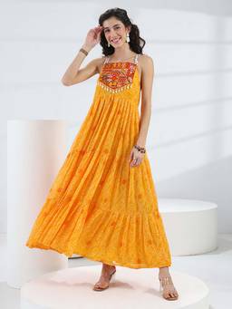 Libas - Yellow Printed Flared Sleeveless Maxi Dress