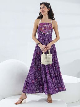 Libas - Purple Printed Flared Sleeveless Maxi Dress
