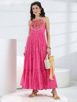 Libas - Pink Printed Flared Sleeveless Maxi Dress