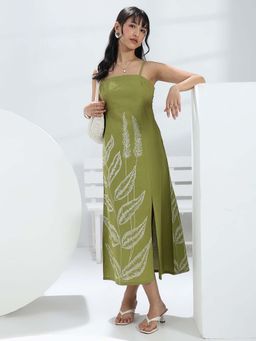 Libas - Green Printed Flared Sleeveless Midi Dress