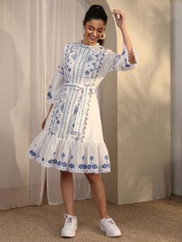 Libas - White Printed A-Line Three Fourth Sleeves Knee Length Dress